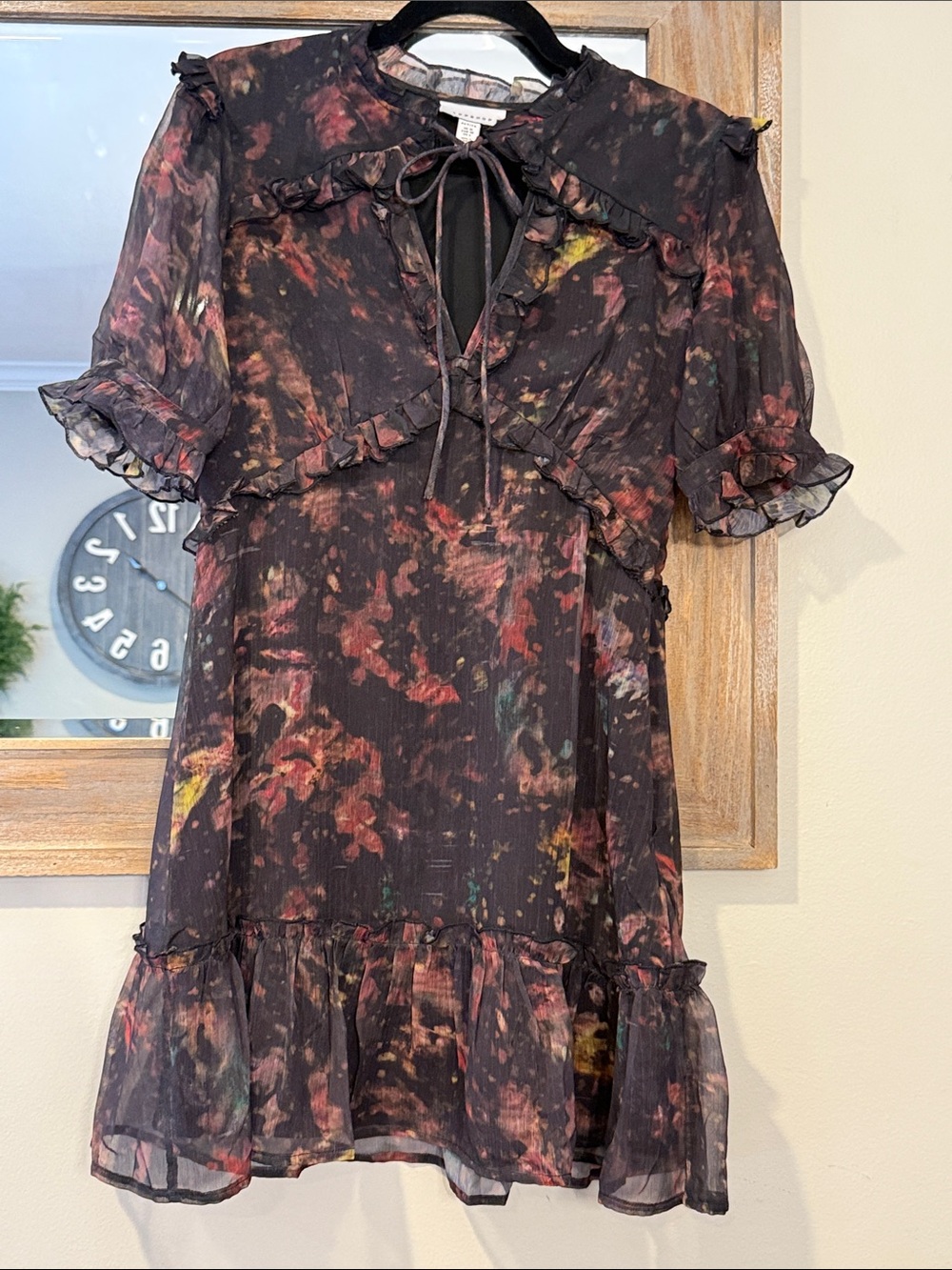 Floral Ruffle Tie-Neck Mini Dress - Black Multi